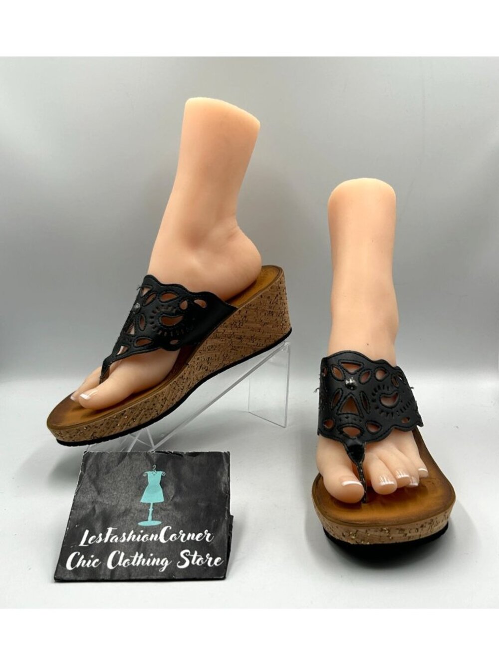 Clarks Women's Black Laser-Cut Thong Cork Platform Wedge Sandals Size 9.5 3422